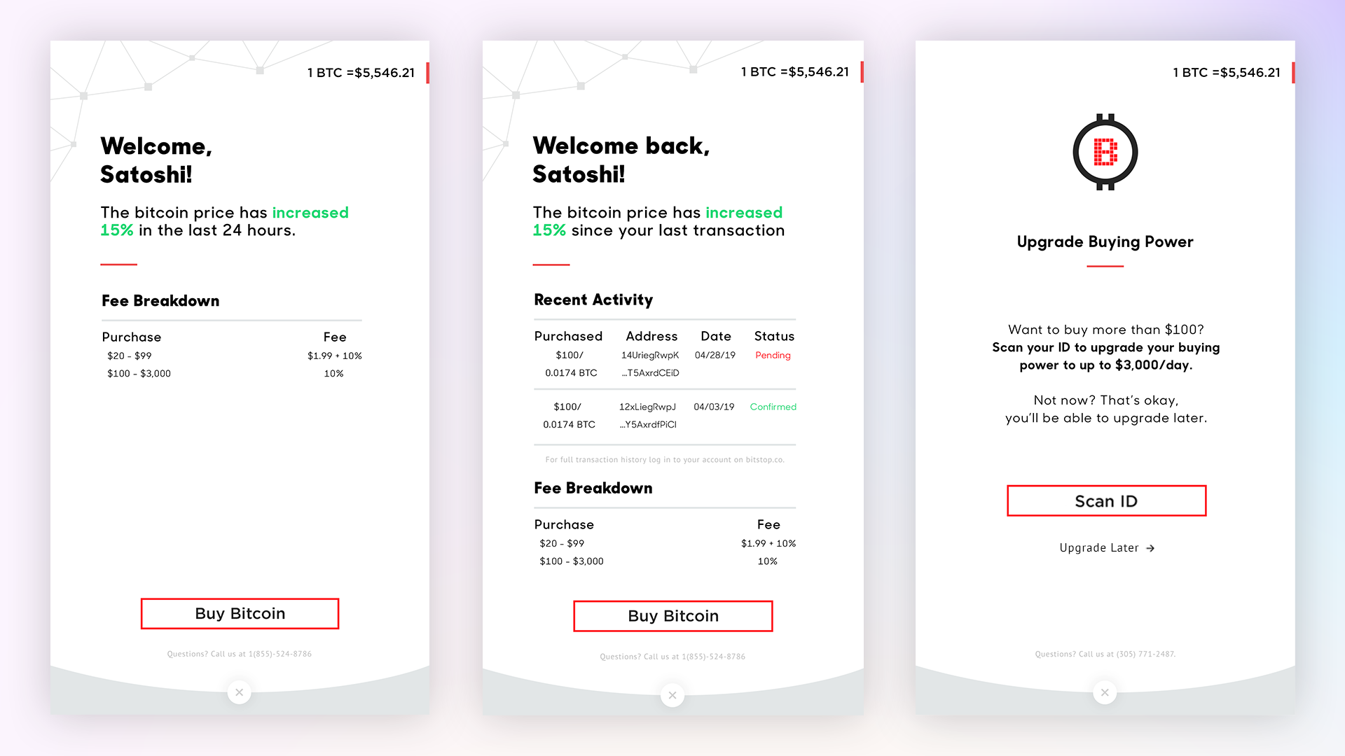 Annotated breakdown of the redesigned Bitstop dashboard screen