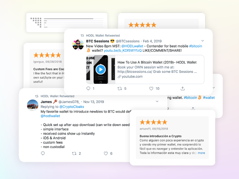 Tweets and reviews praising the HODL Wallet launch