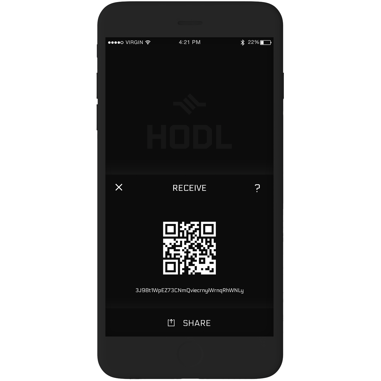 Animated walkthrough of HODL Wallet receive screen with QR code
